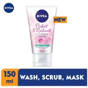 Effectively removes impurities and make-up to prevent breakouts which cause dark marks and blemishes Fine beads to gently exfoliate dead skin cells Helps to remove and prevent shine for hours and to mattify the skin Does not dry out the skin Weight 0.15 kg Brand Nivea NIVEA Perfect & Radiant 3 In 1 Face Cleanser For Women - 150ml Product Description NIVEA Perfect and Radiant 3 in 1 Cleanser, enriched with natural White Clay works in harmony with your skin and is specifically developed for skin prone to oiliness and blemishes. The formula effectively removes impurities and makeup to prevent breakouts, which cause marks and blemishes. It also helps to remove and prevent shine for hours and mattify the skin. Fine beads gently exfoliate dead skin cells without drying out the skin. Your skin looks fresh and clean and feels soft and smooth. NIVEA understands skin like no one else. That’s why we create products that cleanse, nourish and protect your skin, while giving it exactly what it needs – gentle yet effective care that keeps your skin smooth, supple and radiantly beautiful. No matter what you do, or where you live, we’re here to help you enjoy better skincare for life. NIVEA, a hundred years of skincare for life! Product Highlight • Perfect & Radiant 3-in-1 Cleanser for Women - 150ml • 3 in 1 - Wash, Scrub, Mask • Mattifying white clay • Effectively removes impurities and make-up to prevent breakouts which cause dark marks and blemishes • Fine beads to gently exfoliate dead skin cells • Helps to remove and prevent shine for hours and to mattify the skin • Does not dry out the skin